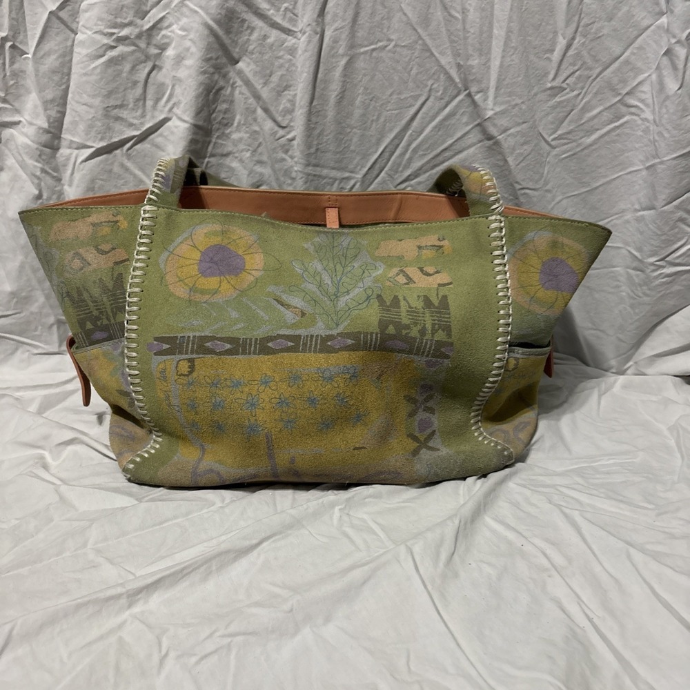 Sigrid Olsen camel leather hobo handbag Y2K Green Flower Design Purse Tote